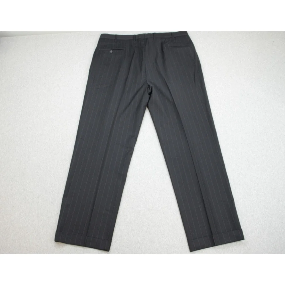 Jos A Bank Suit Mens 48L Black Pinstripe 100% Wool Pants Cuffed Pleated 38 x 30